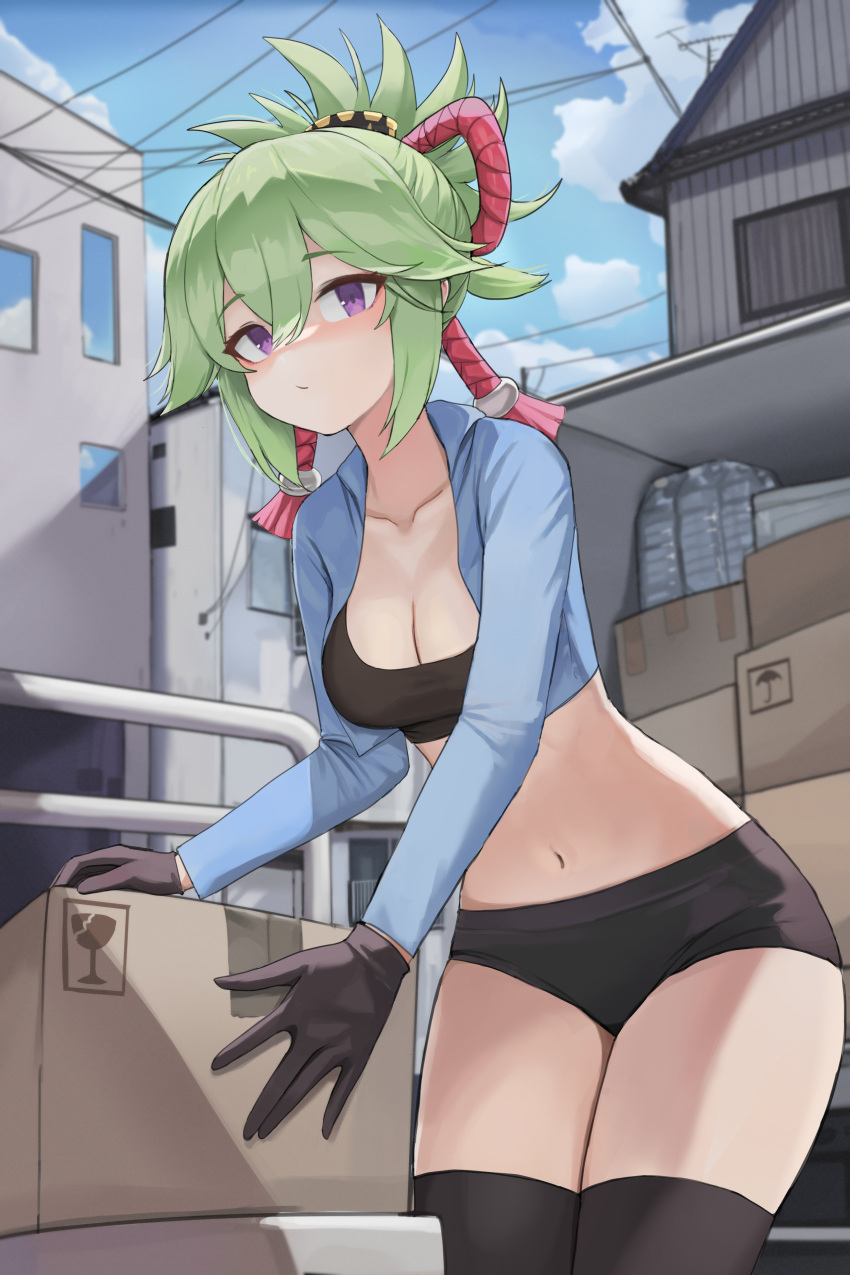 1girl absurdres alternate_costume black_gloves black_shorts black_tank_top black_thighhighs blue_jacket blue_sky city closed_mouth cloud collarbone cowboy_shot crop_top cropped_jacket dolri genshin_impact gloves green_hair hair_between_eyes highres jacket kuki_shinobu looking_at_viewer micro_shorts navel outdoors package platform_truck ponytail purple_eyes rope shimenawa shorts sidelocks sky solo stomach tank_top thighhighs