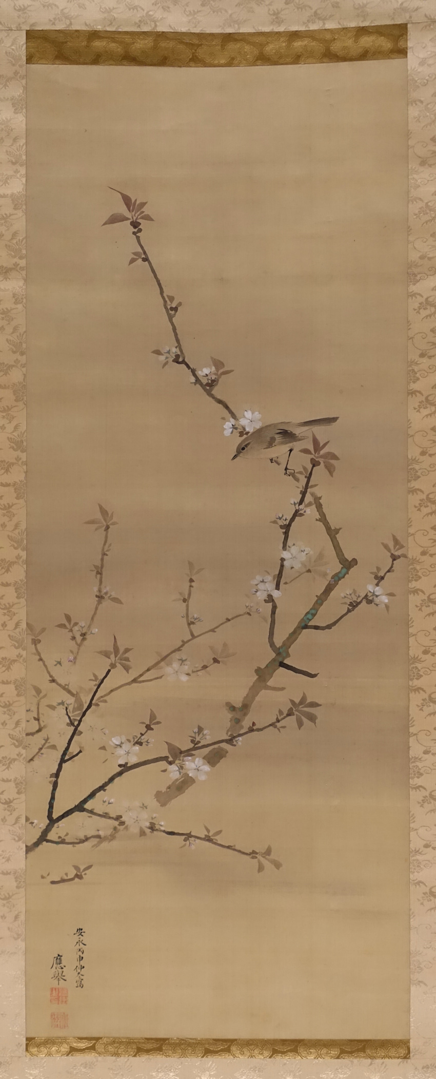 1776 18th_century absurd_res ambiguous_gender ancient_art avian beak bird black_eyes branch brown_body brown_feathers cherry_blossom feathered_wings feathers hi_res japanese_text maruyama_oko oscine passerine plant simple_background solo sparrow tail_feathers tan_background text wings