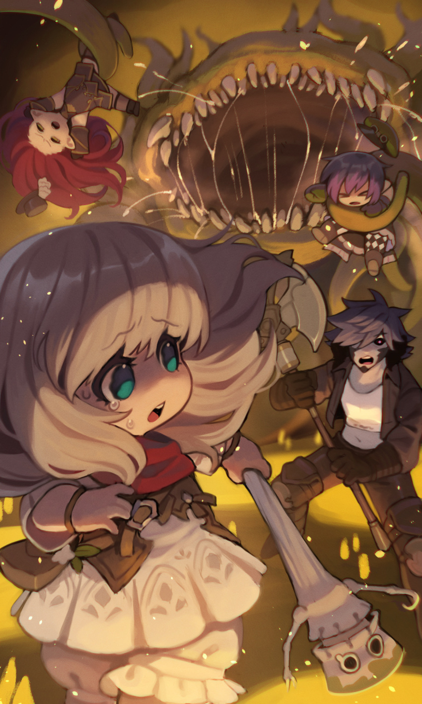 2boys 2girls au_ra axe black_jacket black_sclera blonde_hair bloomers bracelet colored_sclera colored_skin commentary_request crying dragon_horns dress final_fantasy final_fantasy_xiv green_eyes grey_hair grey_skin highres holding holding_axe holding_staff horns jacket jewelry knee_pads lalafell long_hair monster multiple_boys multiple_girls open_mouth purple_hair red_hair red_scarf scales scarf staff sweat tears tentacles warrior_of_light_(ff14) white_dress yellow_eyes zombiemiso