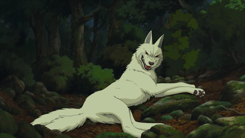 absurd_res ambiguous_gender canid canine canis fangs feral fur ghibli hi_res mammal pawpads paws plant princess_mononoke quadruped solo tail teeth the_giant_hamster tree wolf