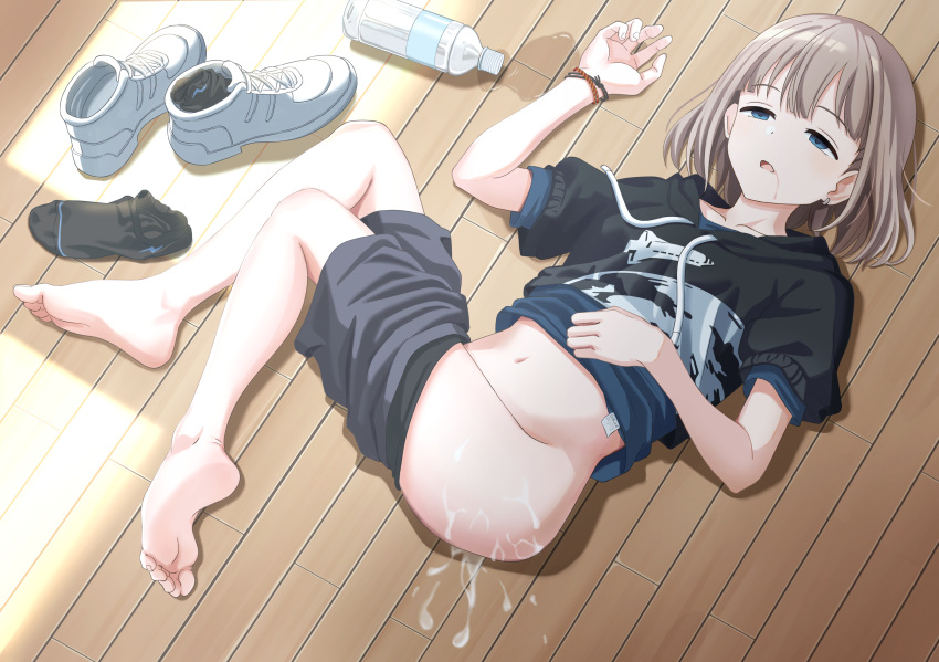 1girl after_rape after_sex barefoot blue_eyes bob_cut bottle clothes_pull cum cum_on_ass earrings empty_eyes feet half-closed_eyes highres hood hoodie idolmaster idolmaster_shiny_colors jewelry light_brown_hair lying midriff namego3go navel no_shoes nude on_back on_floor open_mouth rape saliva serizawa_asahi shirt shoes shoes_removed short_hair shorts shorts_pull single_earring sleep_molestation sneakers socks_removed soles solo_focus toes water_bottle wooden_floor
