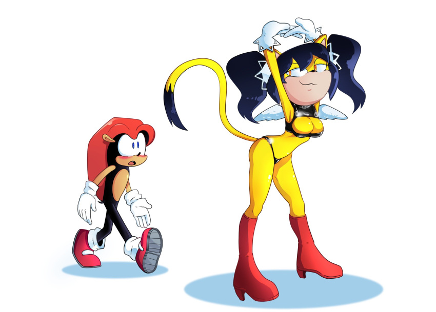 anthro armadillo arms_above_head big_breasts black_hair blush breasts clothed clothing domestic_cat duo felid feline felis female footwear fur gloves hair handwear hi_res honey_the_cat male male/female mammal mighty_the_armadillo open_mouth sega simple_background smile sonic_the_fighters sonic_the_hedgehog_(series) stretching surprise tail teasing xenarthran yellow_body yellow_fur zettoart