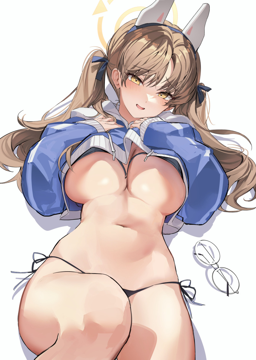 1girl absurdres bikini black_bikini blue_archive blush breasts brown_hair eyewear_removed hair_ornament halo highres large_breasts long_hair long_sleeves looking_at_viewer lying mendou_kusai moe_(blue_archive) moe_(swimsuit)_(blue_archive) navel on_back parted_lips revision side-tie_bikini_bottom simple_background smile solo stomach swimsuit thighs twintails underboob white_background yellow_eyes