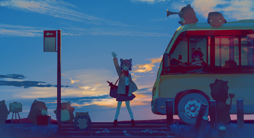 2girls :d animal animal_ears arm_up black_footwear black_skirt blue_sky brown_hair brown_jacket bus bus_stop bus_stop_sign character_request check_character cloud hair_between_eyes highres holding holding_instrument instrument jacket kneehighs motor_vehicle mr.quin multiple_girls neee-t open_clothes open_jacket original outdoors pleated_skirt plunger red_eyes shirt short_hair skirt sky smile socks trumpet white_shirt white_socks
