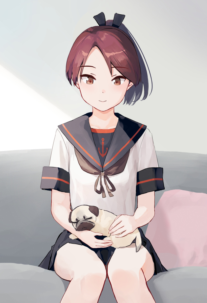 1girl animal_on_lap black_sailor_collar black_skirt brown_eyes brown_hair brown_neckerchief couch dog_on_lap highres kantai_collection neckerchief on_lap pleated_skirt ponytail pug sailor_collar school_uniform serafuku shikinami_(kancolle) shikinami_kai_ni_(kancolle) shirt short_hair skirt solo white_shirt yuu+