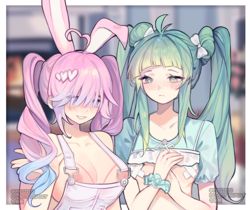 2girls ahoge animal_ears antenna_hair bandaid bandaids_on_nipples bare_shoulders blurry blurry_background blush border breast_envy breasts check_copyright collarbone copyright_request flat_chest green_eyes green_hair green_scrunchie grin hair_bun hair_ornament hand_up heart heart_ahoge heart_hair_ornament highres large_breasts long_hair looking_at_another meijio3 multiple_girls nipples original overalls pasties pink_eyes pink_hair rabbit_ears scrunchie single_hair_bun smile teeth twintails upper_body watermark white_border wrist_scrunchie