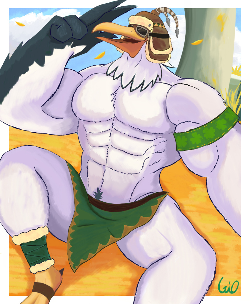 abs absurd_res anthro avian barazoku bird eyewear feathers gesture gio-joe goggles hi_res male muscular muscular_anthro muscular_male nintendo pecs penn_(totk) pilot_hat rito salute solo tears_of_the_kingdom the_legend_of_zelda