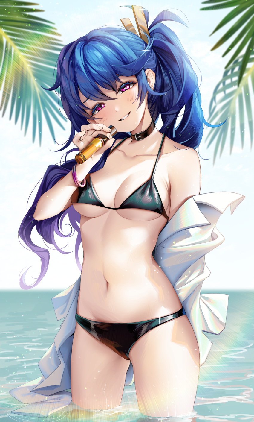 1girl absurdres bare_shoulders bikini black_bikini black_collar blue_hair blue_sky blurry blurry_background breasts collar collarbone commentary_request commission day depth_of_field girls'_frontline hair_between_eyes hand_up head_tilt highres holding horizon k11_(girls'_frontline) long_hair looking_at_viewer medium_breasts menna_(0012) navel ocean off_shoulder outdoors parted_lips pixiv_commission purple_eyes shirt sky solo standing swimsuit very_long_hair wading water white_shirt