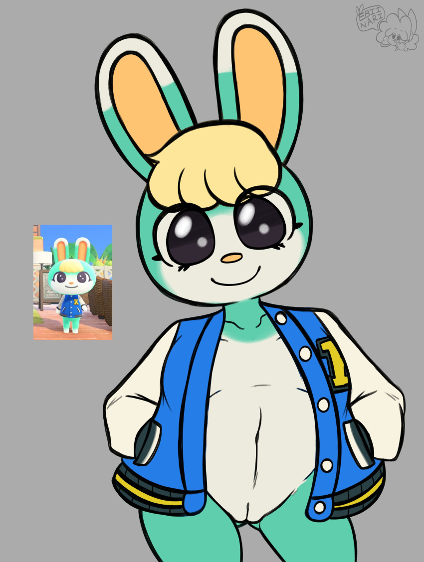 absurd_res animal_crossing anthro black_eyes blue_body blue_fur crossgender ebiinari female fur genitals hands_in_both_pockets happy hi_res jacket_only lagomorph leporid mammal navel nintendo pussy rabbit sasha_(animal_crossing) solo