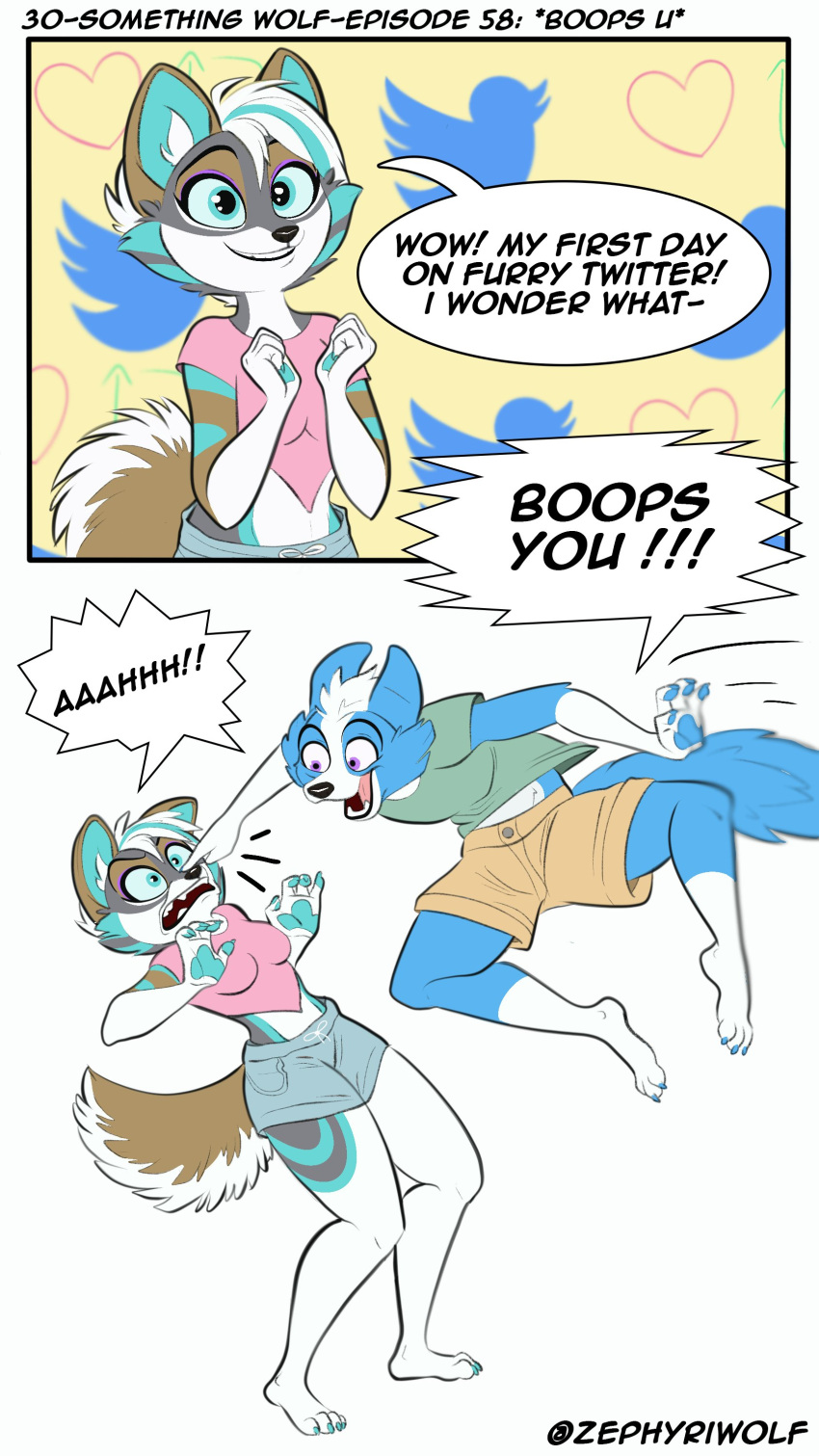 2_panel_comic absurd_res anthro blue_body blue_fur blue_pawpads boop bottomwear canid canine canis cheek_tuft clothing crop_top domestic_dog duo facial_tuft fangs female fur green_body green_fur green_highlights green_pawpads grey_body grey_fur hair hi_res highlights_(coloring) hotpants humor male mammal motion_lines nose_boop open_mouth open_smile pawpads paws shirt shorts simple_background smile t-shirt teeth topwear tuft twitter twitter_logo white_background white_body white_fur white_hair wide_eyed wolf zephyri_q_wolf zephyriwolf