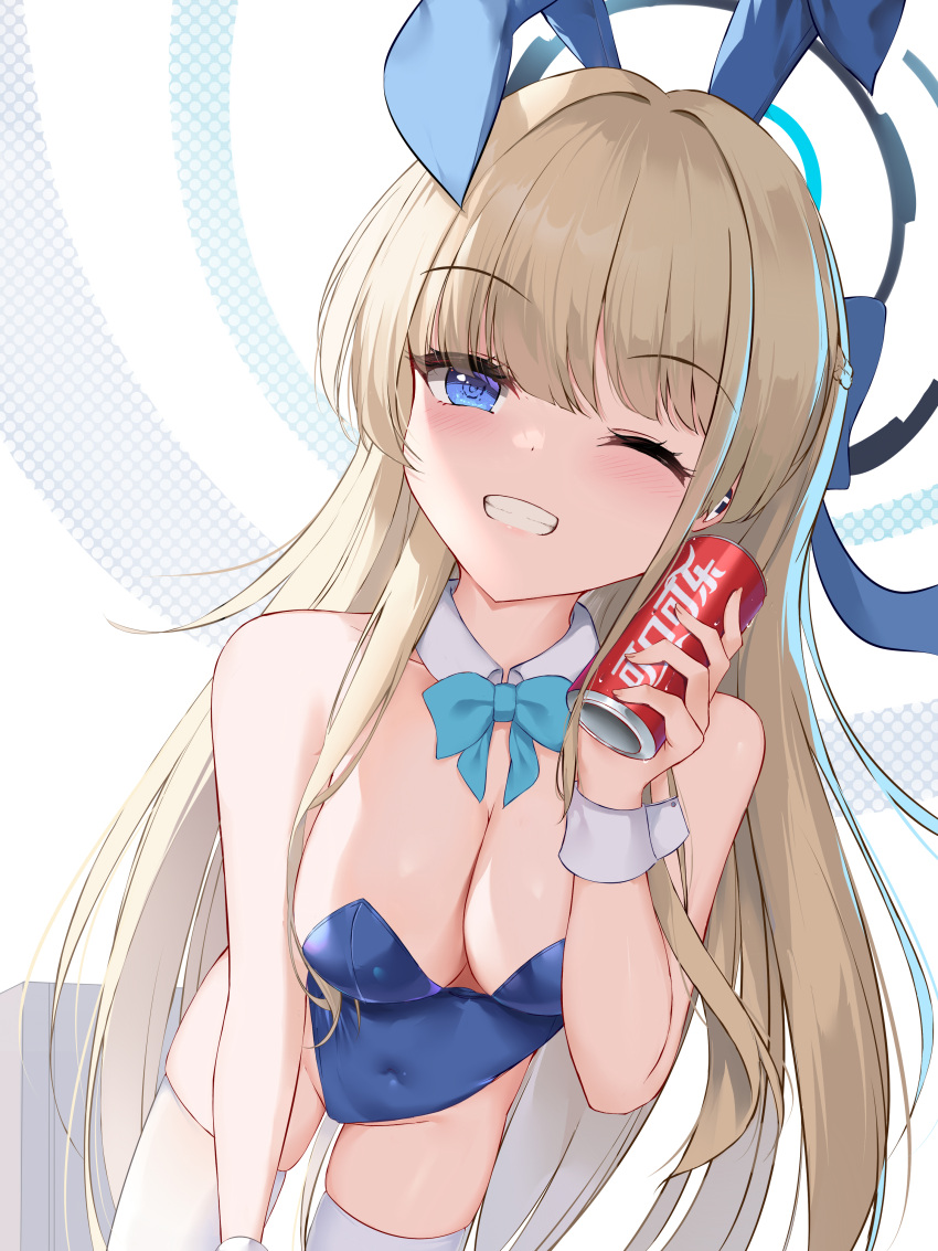 1girl ;d absurdres animal_ears backless_leotard bare_shoulders blonde_hair blue_archive blue_bow blue_bowtie blue_eyes blue_leotard bow bowtie breasts can cleavage commentary_request covered_navel detached_collar dongyue_sakura drink grin halo hand_up happy highres holding holding_can holding_drink leaning_forward leotard long_hair medium_breasts one_eye_closed rabbit_ears skindentation smile solo thighhighs toki_(blue_archive) toki_(bunny)_(blue_archive) very_long_hair wrist_cuffs