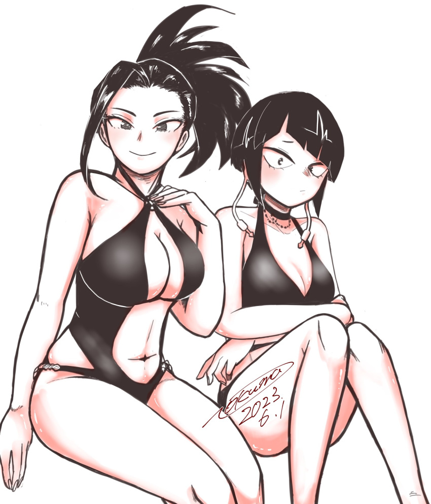 2girls belly bikini black_bikini black_hair blush boku_no_hero_academia breasts choker cleavage clothing_cutout collarbone highres jirou_kyouka large_breasts long_hair looking_at_viewer medium_breasts midriff midriff_peek multiple_girls navel nkmnhr one-piece_swimsuit short_hair signature simple_background sitting smile stomach_cutout swimsuit white_background yaoyorozu_momo