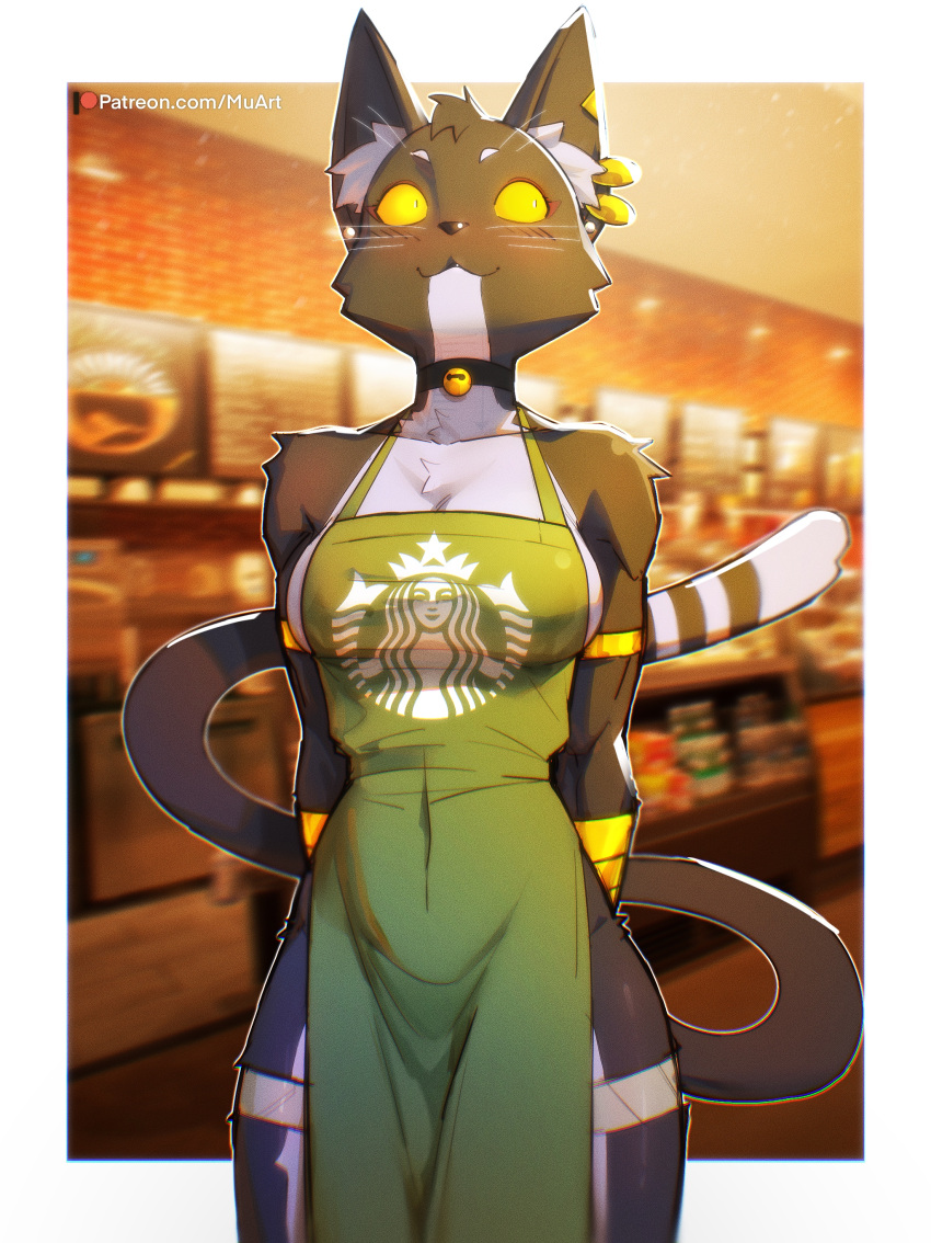 :3 absurd_res animal_ears anthro apron bacardi_(muart242) bell black_body black_fur blurred_background blush breasts clothing female framed fur hi_res medium_breasts muart242 smile solo starbucks tail yellow_eyes