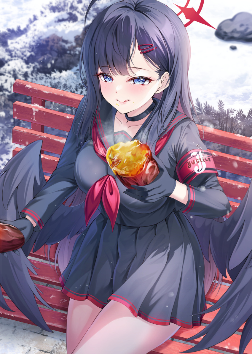 1girl armband bench black_choker black_gloves black_hair black_sailor_collar black_serafuku black_skirt black_wings blue_archive blue_eyes bnari breasts choker feathered_wings food food_on_face gloves hair_ornament hairclip halo highres holding holding_food ichika_(blue_archive) large_breasts long_hair long_sleeves low_wings neckerchief outdoors pleated_skirt red_armband red_halo red_neckerchief sailor_collar school_uniform serafuku sitting sitting_on_bench skirt solo sweet_potato tongue tongue_out wings