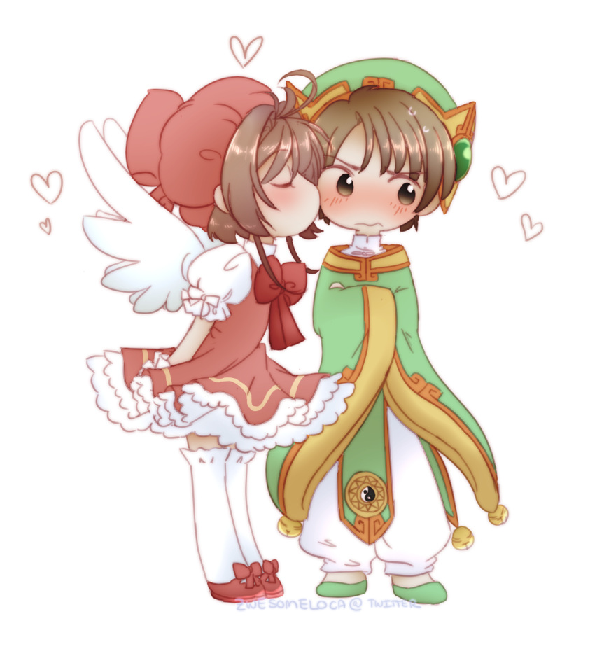 1boy 1girl brown_hair cardcaptor_sakura chibi couple full_body green_headwear heart hetero highres kinomoto_sakura kiss kissing_cheek li_xiaolang magical_boy magical_girl pink_headwear reichan-m simple_background white_background