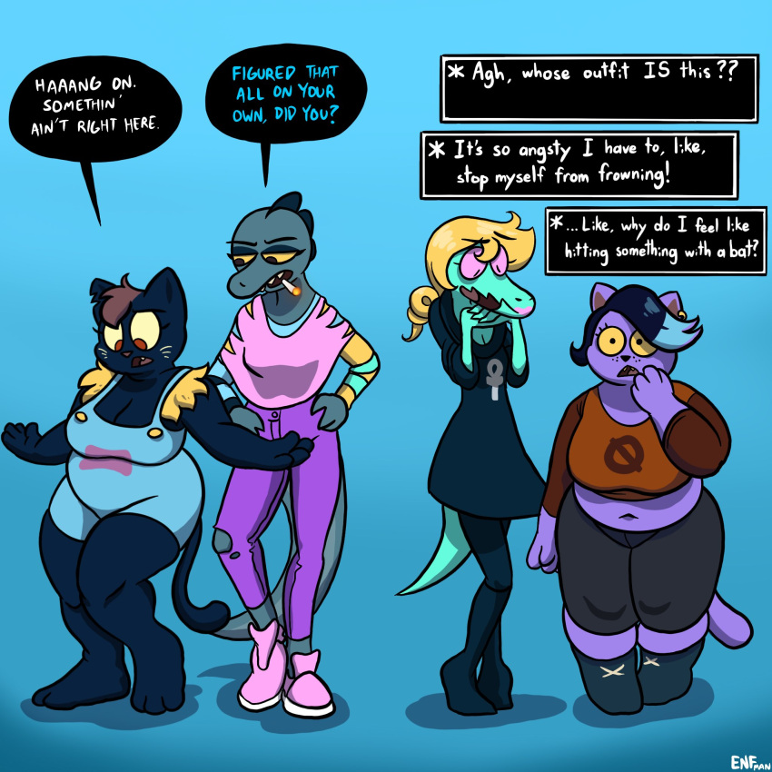 1:1 anthro bea_santello big_breasts black_eyes blonde_hair blue_body bottomwear bratty_(undertale) breasts catty_(undertale) cigarette cleavage clothed clothing cosplay crocodile crocodilian crocodylid crossover crossover_cosplay domestic_cat ear_piercing ellipsis english_text exclamation_point felid feline felis female footwear green_body grey_body group hair half-closed_eyes hand_on_hip hi_res mae_borowski mammal multicolored_hair narrowed_eyes night_in_the_woods open_mouth overalls pants piercing purple_body question_mark red_eyes red_hair reptile scalie shirt shoes slightly_chubby smoking speech_bubble text text_box theenfman thick_thighs topwear two_tone_hair undertale_(series) yellow_sclera