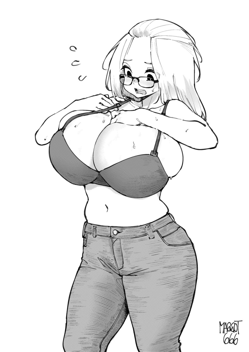 1girl alternate_breast_size bangs_pinned_back blush bra breasts bursting_breasts commentary commission curvy denim dressing english_commentary glasses greyscale highres huge_breasts inconvenient_breasts inne_sulistya_robin jeans long_hair monochrome muffin_top navel nervous_sweating no_shirt norman_maggot original pants solo standing strap_gap sweat underwear white_background