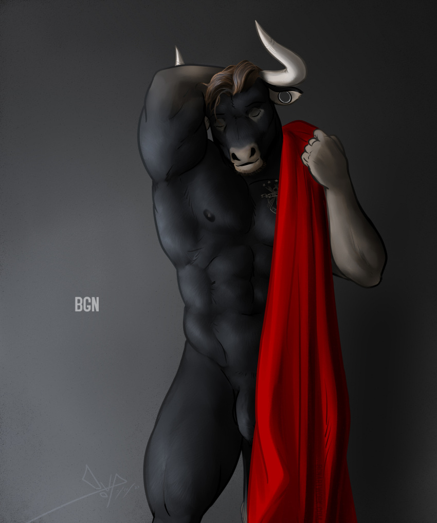 abs anthro bgn biceps black_body black_fur bovid bovine brown_hair cattle ear_piercing eyes_closed flaccid fur gauged_ear genitals hair hand_behind_head hi_res horn male mammal muscular muscular_anthro muscular_male nipples nude pecs penis piercing sebastian_(bgn) simple_background solo tattoo