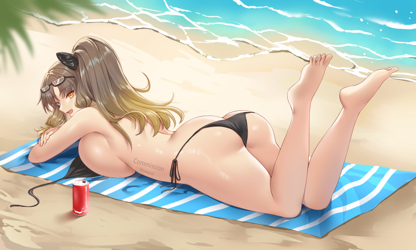 1girl absurdres ass barefoot beach beach_towel bikini black_bikini blue_eyes blurry bow breasts brown_hair can commission day depth_of_field drawing eyewear_on_head feet feet_up gradient_hair hair_bow heterochromia highres huge_breasts long_hair lying multicolored_hair ocean on_stomach open_mouth original outdoors shirasiyuki sideboob smile soda_can solo swimsuit the_pose thighs toes towel watermark yellow_eyes