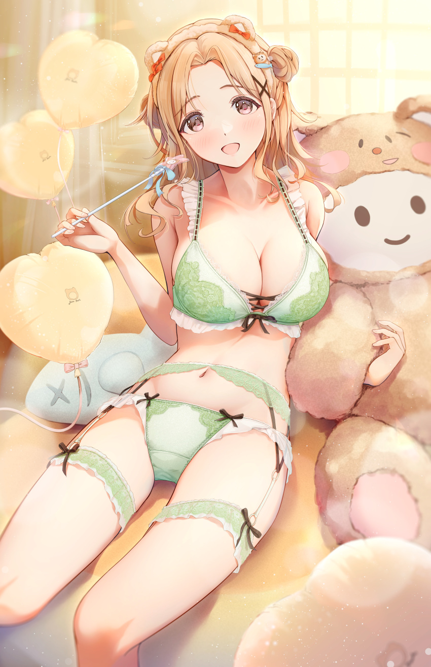 1girl absurdres animal_ear_headwear balloon blush bra breasts brown_hairband cleavage collarbone double_bun embroidered_bra embroidered_panties feet_out_of_frame fujinomiya_rio fur_hairband garter_belt green_bra green_garter_belt green_panties hair_bun hairband heart_balloon highres ichikawa_hinana idolmaster idolmaster_shiny_colors large_breasts light_brown_hair lingerie looking_at_viewer navel panties parted_bangs sitting smile solo stomach stuffed_toy underwear underwear_only