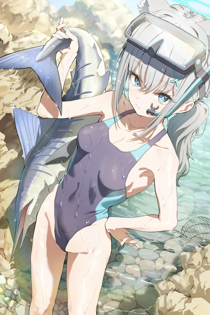 1girl absurdres animal_ear_fluff animal_ears applepie_(12711019) black_one-piece_swimsuit blue_archive blue_eyes breasts competition_swimsuit covered_navel cross_hair_ornament diving_mask diving_mask_on_head extra_ears feet_out_of_frame fish from_above goggles goggles_on_head grey_hair hair_ornament halo highres low_ponytail medium_breasts medium_hair mismatched_pupils multicolored_clothes multicolored_swimsuit official_alternate_costume one-piece_swimsuit rock shiroko_(blue_archive) shiroko_(swimsuit)_(blue_archive) snorkel solo standing swimsuit swordfish wet wolf_ears