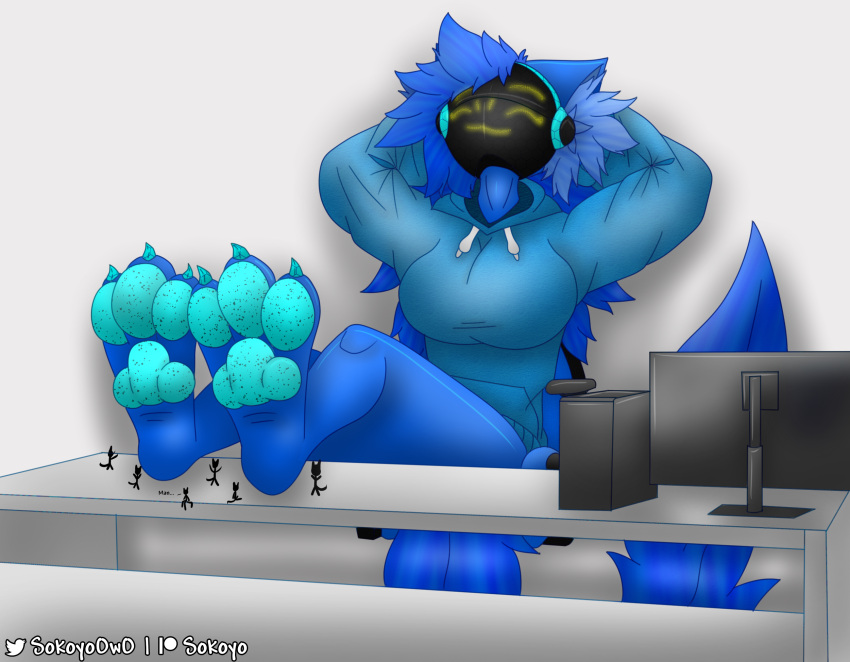 anthro armor big_breasts big_feet blue blue_body blue_fur bottomless breasts chair claws clothed clothing computer computer_monitor desk feet female female_protogen foot_fetish foot_focus freckles fur furniture furry hair hi_res hindpaw hoodie hoodie_only long_hair machine macro micro office_chair owo pawpads paws protogen sleeping sokoyo sokoyo_owo starry starry_(sokoyo_owo) table tail text thick_thighs thighs topwear topwear_only