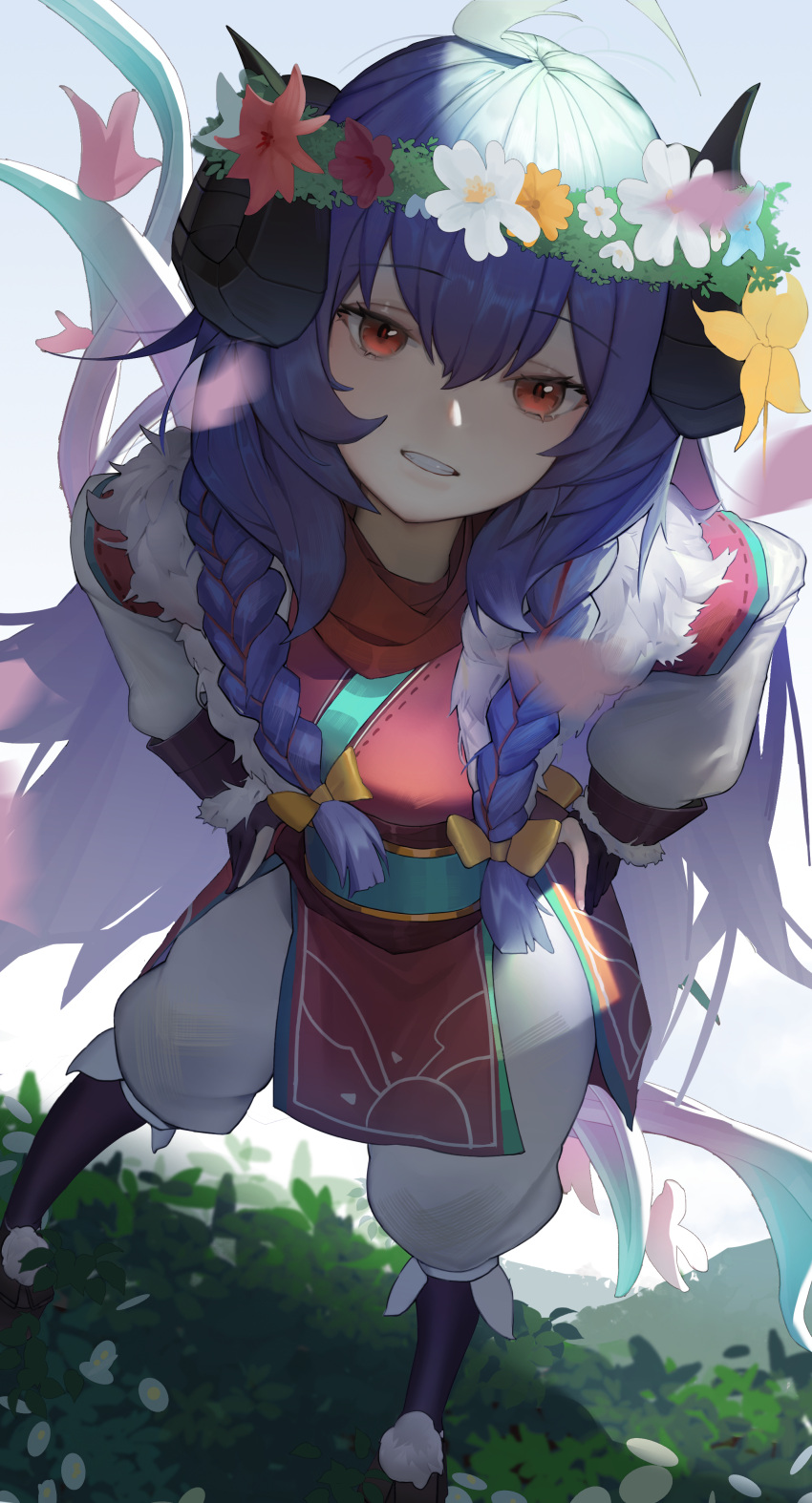 1girl absurdres ahoge blue_hair braid brown_eyes curled_horns eran_syrupzz flower fur-trimmed_kimono fur_trim furry furry_female gloves grey_background grin hair_between_eyes hair_flower hair_ornament half_gloves head_wreath highres hooves horns japanese_clothes kimono kindred_(league_of_legends) league_of_legends long_hair long_sleeves looking_at_viewer official_alternate_costume official_alternate_hairstyle pink_flower smile spirit_blossom_(league_of_legends) spirit_blossom_kindred standing teeth white_flower yellow_flower