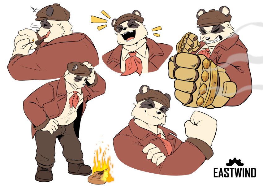 5_fingers anjing_kampuss anthro bear biped clothed clothing eastwind fingers fire giant_panda hat headgear headwear hi_res male mammal open_mouth open_smile oswald_(eastwind) smile solo studio_chipcoat