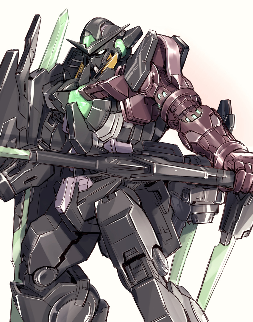 absurdres alternate_color armor black_armor commentary_request feet_out_of_frame grey_armor gundam gundam_00 gundam_exia gundam_exia_repair_iv highres holding holding_sword holding_weapon machinery mecha mobile_suit nanao_parakeet no_humans robot science_fiction simple_background solo sword v-fin weapon white_background white_eyes