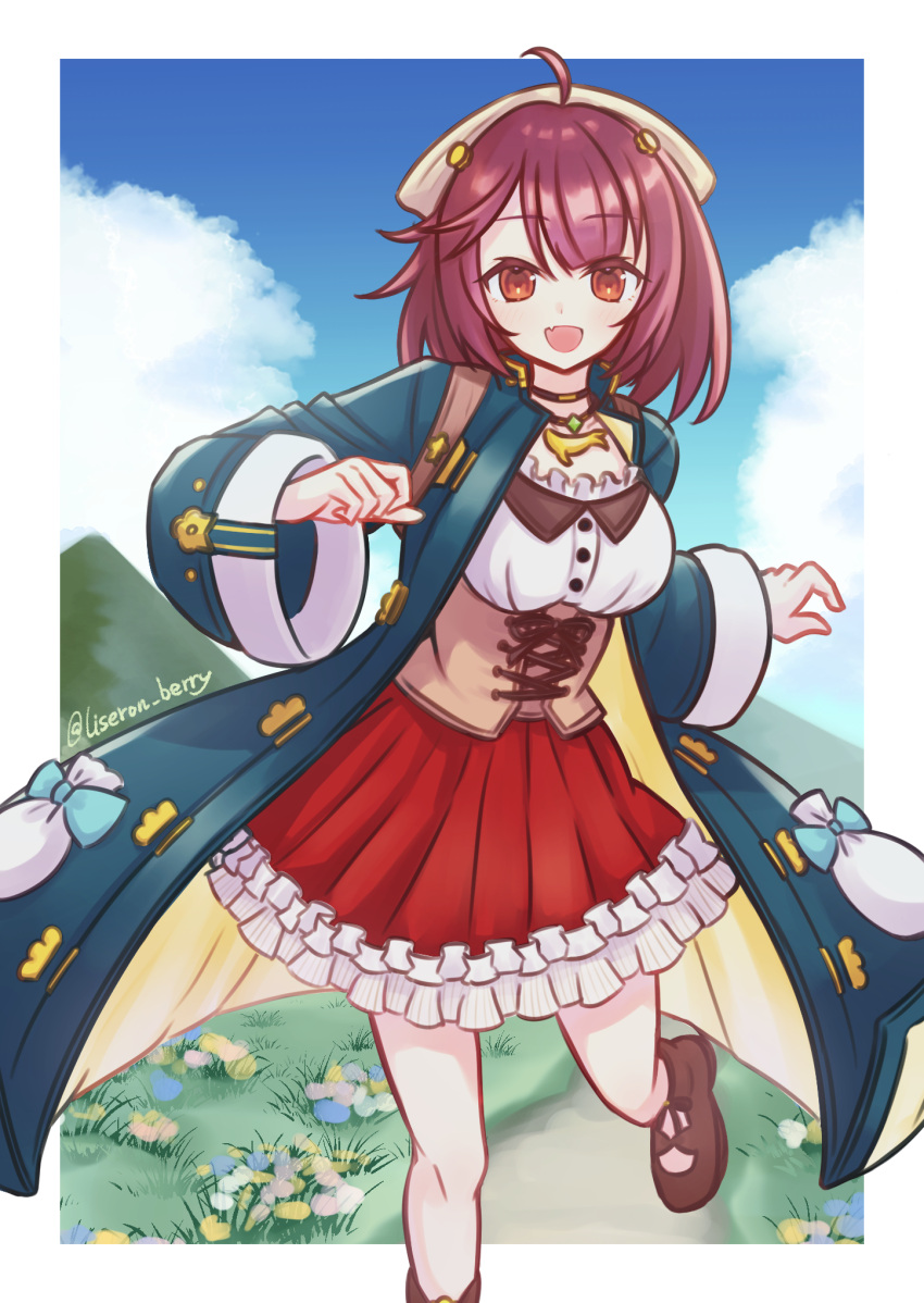 1girl :d ahoge atelier_(series) atelier_sophie blue_coat blue_sky border breasts brown_footwear cloud coat commentary_request corset day fang frilled_skirt frills grass head_scarf highres jewelry lise_imo long_sleeves looking_at_viewer medium_breasts necklace open_mouth orange_eyes outdoors pleated_skirt red_hair red_skirt shirt shoes short_hair skirt sky smile solo sophie_neuenmuller standing standing_on_one_leg twitter_username white_border white_shirt wide_sleeves