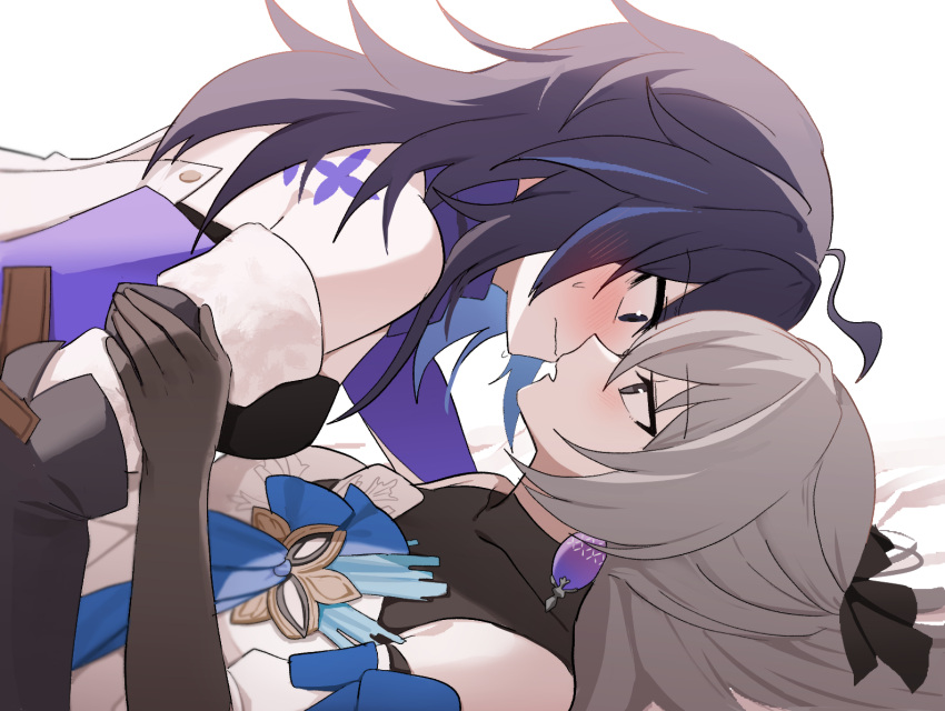 2girls back_tattoo bare_shoulders black_gloves blush breasts bronya_rand butterfly_tattoo dress earrings elbow_gloves facing_another gloves grey_eyes grey_hair honkai:_star_rail honkai_(series) imminent_kiss jewelry lix_(iroiro3843) long_hair looking_at_another multiple_girls purple_hair seele_(honkai:_star_rail) sweatdrop tattoo white_background white_dress yuri