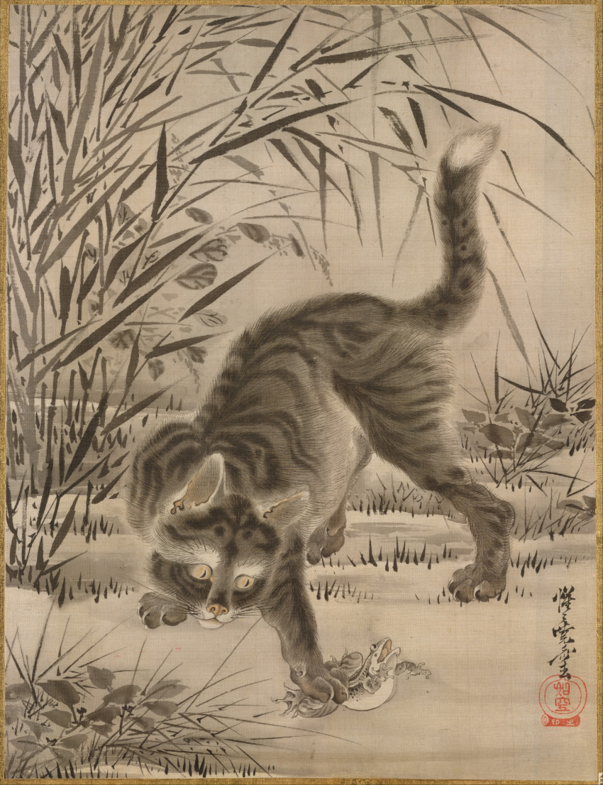 1887 19th_century absurd_res ambiguous_gender amphibian ancient_art brown_body brown_fur domestic_cat duo felid feline felis feral frog fur hi_res imminent_death japanese_text kawanabe_kyosai mammal open_mouth painting_(artwork) paws plant quadruped size_difference snout striped_body striped_fur stripes struggling tail text traditional_media_(artwork) yellow_sclera