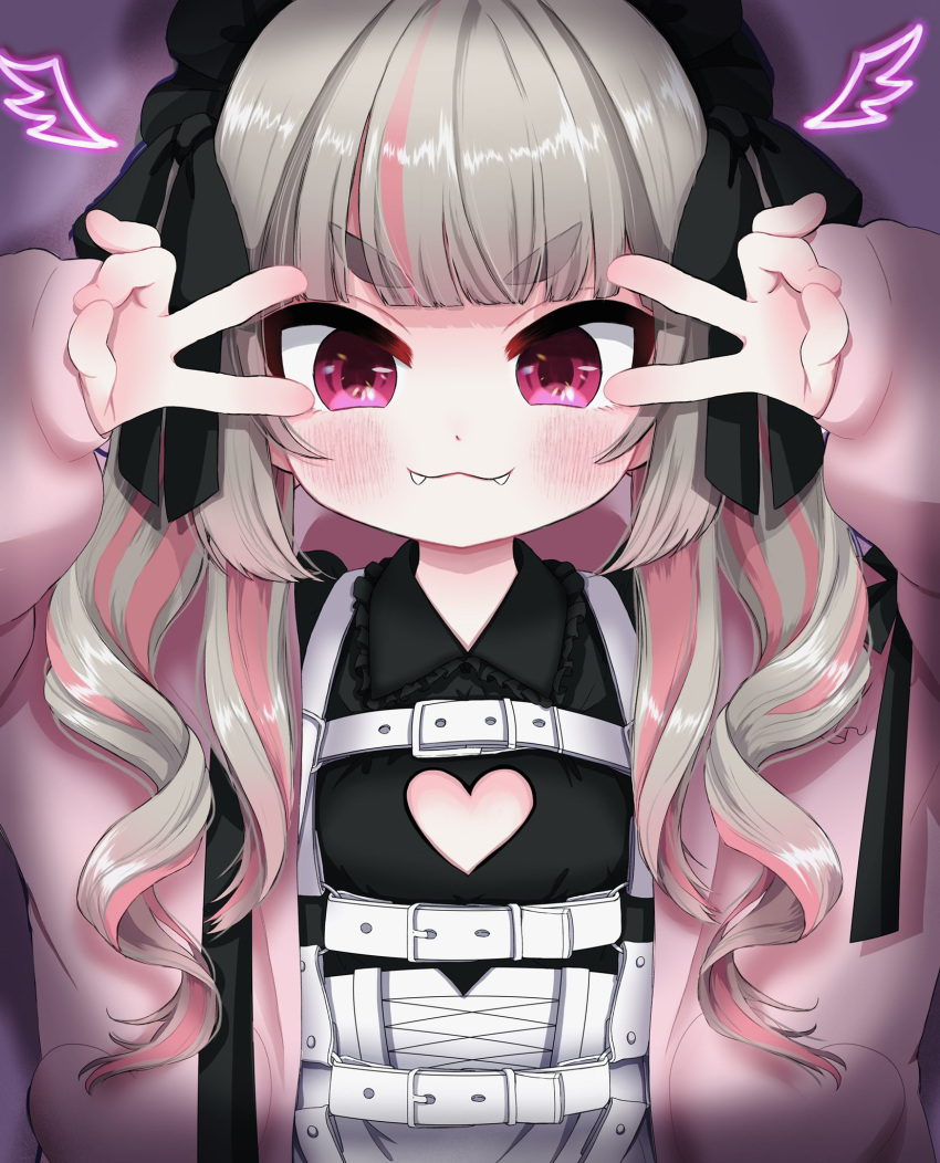 1girl :3 black_hairband black_shirt blunt_bangs blush brown_hair chest_harness cleavage_cutout clothing_cutout commentary double_v drawn_wings fangs frilled_hairband frilled_shirt_collar frills hairband hands_up harness heart_cutout highres jacket long_hair looking_at_viewer makaino_ririmu miwa_(misui7d) multicolored_hair nijisanji open_clothes open_jacket pink_eyes pink_hair pink_jacket purple_background ringlets shadow shirt smile solo straight-on streaked_hair symbol-only_commentary thick_eyebrows twintails upper_body v v-shaped_eyebrows v_over_eye virtual_youtuber