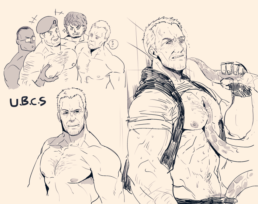 4boys abs bara bare_pectorals clothes_lift facial_hair fingerless_gloves gloves grabbing greyscale highres large_pectorals male_focus monochrome multiple_boys muscular muscular_male navel nikolai_zinoviev nipples pectoral_grab pectorals resident_evil resident_evil_3:_nemesis resident_evil_3_(remake) rybiok shirt shirt_lift short_hair smile tentacles tentacles_on_male tentacles_under_clothes yaoi