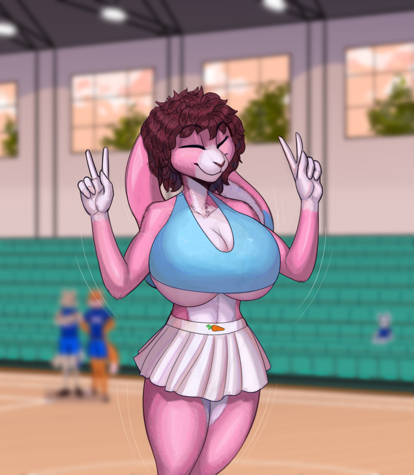 anthro background_character big_breasts blurred_background bottomwear breasts brown_hair carrot cheering cheerleading_pose clothed clothing crop_top curled_hair detailed_background exhibitionism female floppy_ears food gesture hair hi_res jumping lagomorph leporid mammal mortarionlordofdeath no_underwear pink_body plant public rabbit remmybunny shirt skimpy skirt solo topwear under_boob v_sign vegetable white_bottomwear white_clothing white_skirt