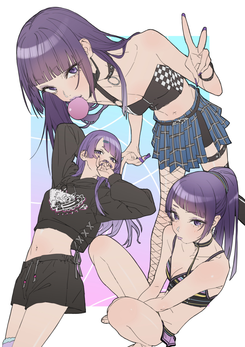 1girl absurdres asymmetrical_bangs asymmetrical_legwear bikini black_choker black_hoodie black_shorts blunt_bangs breasts chewing_gum choker cleavage collage collarbone crop_top diagonal_bangs fingernails highres hood hoodie idolmaster idolmaster_shiny_colors looking_at_viewer midriff mismatched_legwear multiple_persona naga-agan nail_polish navel plaid plaid_skirt pleated_skirt purple_bikini purple_eyes purple_hair shorts skirt small_breasts stomach swimsuit tanaka_mamimi v