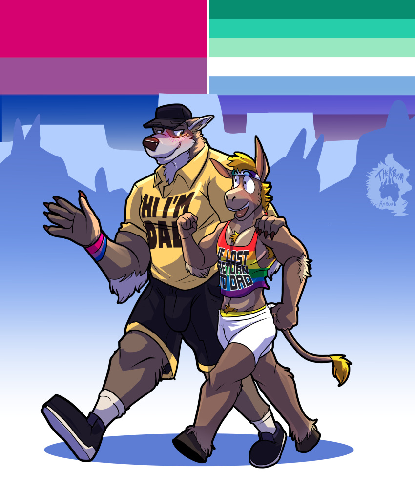 absurd_res anthro asinus blush blush_lines canid canine canis clothed clothing coach_dale donkey english_text equid equine fully_clothed fully_clothed_anthro hand_on_shoulder hat headgear headwear hi_res lgbt_pride luke_rider male male/male male_anthro mammal pride_color_accessory pride_color_background pride_color_clothing pride_color_topwear pride_colors shirt simple_background tank_top text thekinkybear topwear wolf