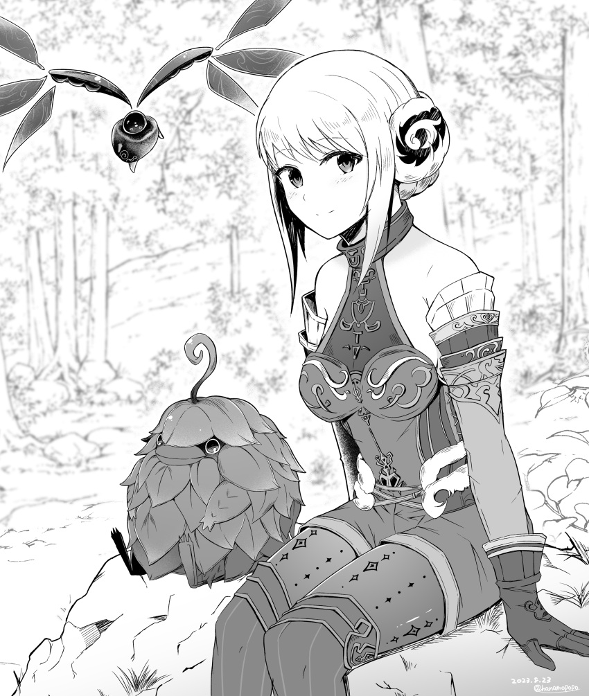 1girl absurdres arciela_v_adoulin bonnet fern final_fantasy final_fantasy_xi forest grey_hair greyscale highres leafkin monochrome nature plant rock sitting sitting_on_object sleeveless