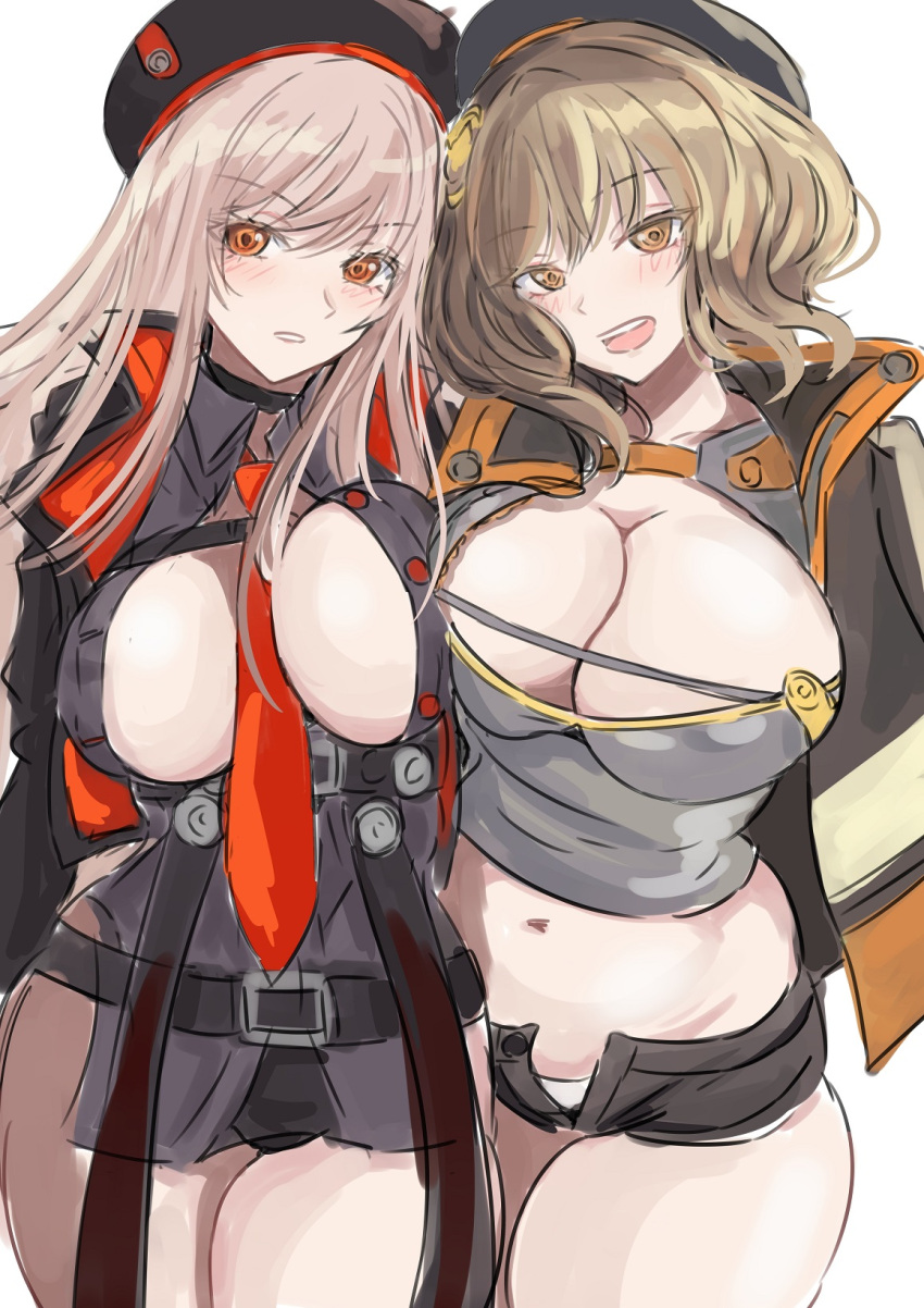 2girls :d anis_(nikke) belt beret between_breasts black_headwear black_jacket black_panties black_shirt black_shorts blush breasts brown_eyes brown_hair cleavage collared_shirt cowboy_shot crop_top cropped_jacket goddess_of_victory:_nikke grey_shirt hair_ornament hat highres jacket ken_(shutenndouji1) large_breasts light_brown_hair long_hair multicolored_clothes multicolored_jacket multiple_girls navel necktie open_clothes open_fly open_mouth open_shirt orange_eyes orange_jacket panties parted_lips rapi_(nikke) red_jacket red_necktie shirt short_hair short_shorts shorts simple_background smile two-sided_fabric two-sided_jacket underwear white_background white_panties
