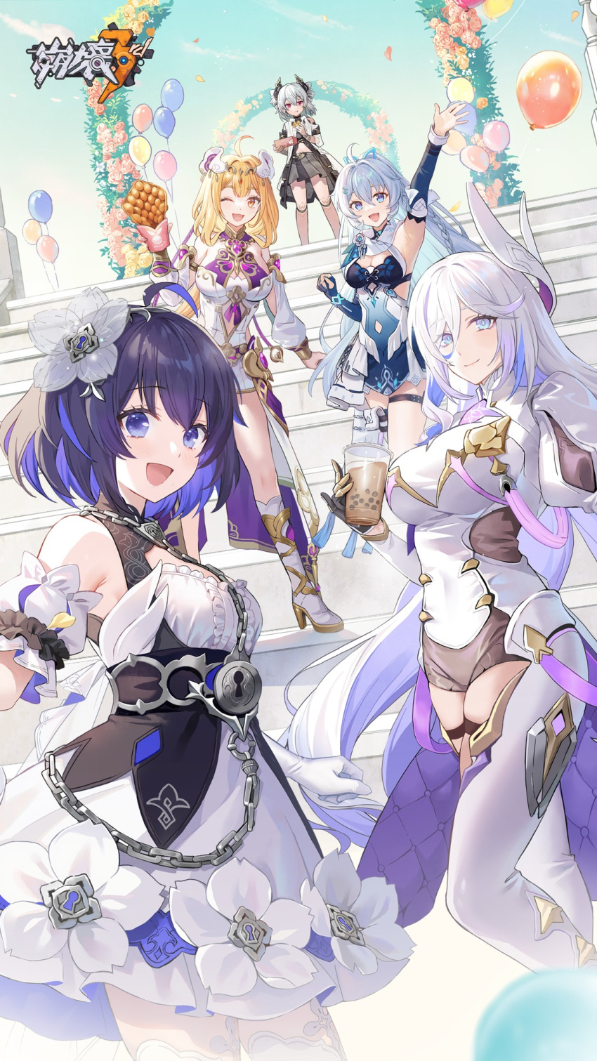 5girls :d ahoge arabian_clothes armpit_crease armpits balloon bare_shoulders bear_hair_ornament blue_eyes blue_hair breasts bubble_tea chinese_commentary cleavage cup day detached_sleeves dress fence flower food grey_hair hair_between_eyes hair_flower hair_ornament hare_(honkai_impact) high_ponytail highres holding holding_cup honkai_(series) honkai_impact_3rd large_breasts light_blue_hair lock logo long_hair medium_breasts multiple_girls official_art official_wallpaper one_eye_closed open_hand open_mouth orange_hair outdoors prometheus_(honkai_impact) seele_vollerei seele_vollerei_(stygian_nymph) shigure_kira short_hair sky smile stairs standing susannah_(honkai_impact) susannah_(valkyrie_quicksand) thigh_strap thighhighs upper_body waving white_dress white_hair white_sleeves white_thighhighs
