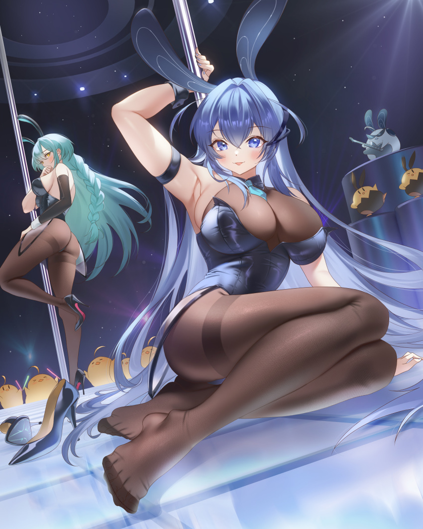 2girls :p absurdly_long_hair absurdres animal_ears aqua_hair aqua_necktie arm_strap arm_up armpits ass azur_lane bare_shoulders bird black_leotard black_pantyhose blue_eyes blue_hair blue_leotard blush bodystocking boise_(azur_lane) boise_(sheepish_sapphire)_(azur_lane) braid breasts chick commentary detached_sleeves fake_animal_ears full_body glowstick hair_between_eyes hands_over_own_mouth high_heels highres holding holding_glowstick holding_pole indoors large_breasts leotard long_hair looking_at_viewer manjuu_(azur_lane) multiple_girls necktie new_jersey_(azur_lane) new_jersey_(exhilarating_steps!)_(azur_lane) nightclub official_alternate_costume pantyhose playboy_bunny pole pole_dancing rabbit_ears see-through_cleavage shadow shoes shoes_removed sidelocks sitting smile stage_lights standing standing_on_one_leg strapless strapless_leotard stripper_pole thighband_pantyhose tongue tongue_out very_long_hair wrist_cuffs yellow_eyes yokozuwari zzo_(chorizzzzo)