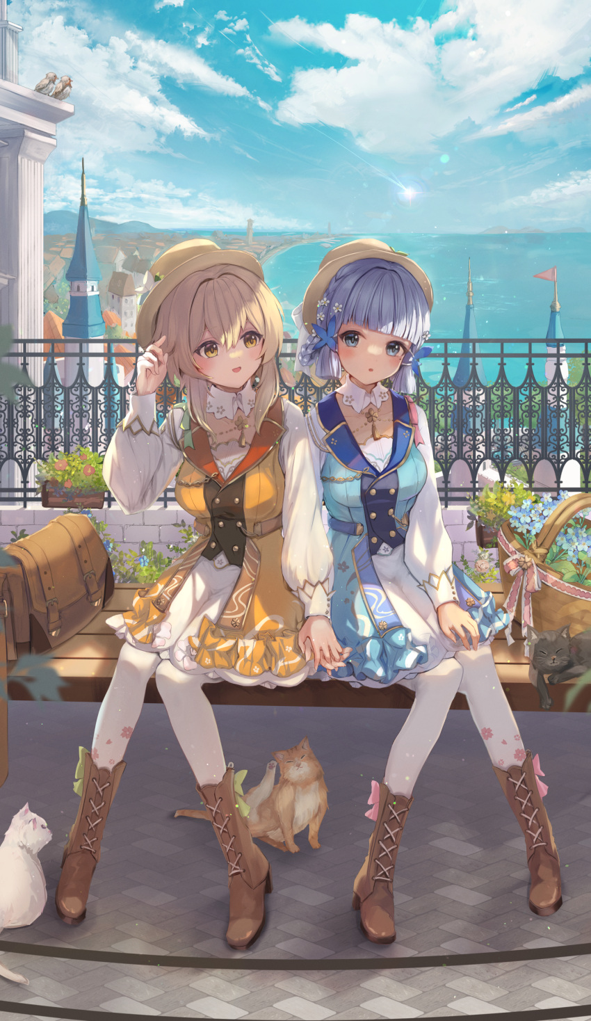 2girls absurdres alternate_costume blonde_hair blue_dress blue_eyes blue_hair blunt_bangs blush boots breasts brown_footwear building butterfly_hair_ornament cat chestnut_mouth cloud cloudy_sky cosplay cross-laced_footwear dress flower genshin_impact hair_flower hair_ornament hat highres holding_hands interlocked_fingers itone_114 kamisato_ayaka kamisato_ayaka_(cosplay) kamisato_ayaka_(springbloom_missive) long_sleeves looking_at_another lumine_(genshin_impact) matching_outfit medium_breasts mole mole_under_eye multiple_girls official_alternate_costume open_mouth outdoors pantyhose short_hair sidelocks sitting_on_bench sky smile white_pantyhose yellow_dress yellow_eyes yellow_headwear yuri