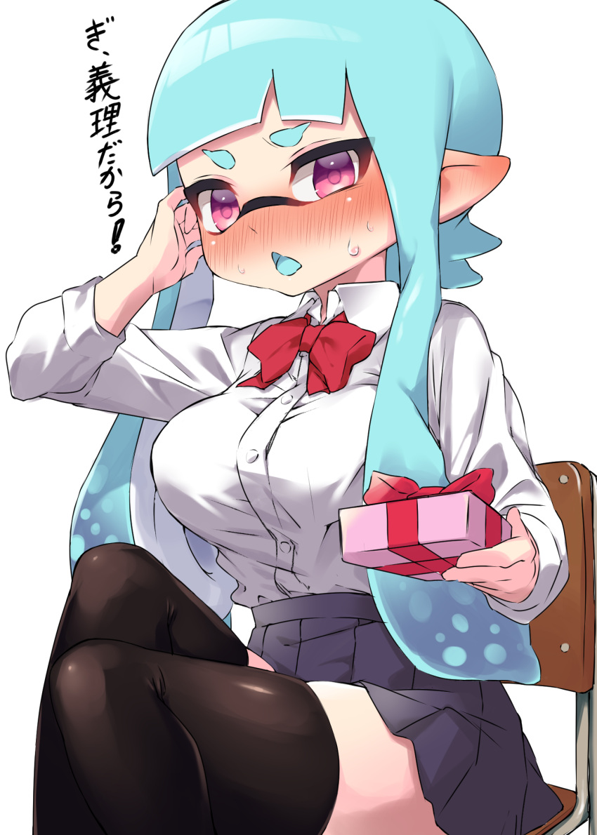 1girl aqua_hair aqua_tongue black_thighhighs blue_skirt blunt_bangs blush bow bowtie chair commentary dress_shirt frown giving hand_in_own_hair highres inkling knee_up long_hair long_sleeves looking_at_viewer miniskirt on_chair open_mouth penguin_maru_(penginmaru) pleated_skirt pointy_ears purple_eyes red_bow red_bowtie school_chair school_uniform shirt simple_background sitting skirt solo splatoon_(series) tentacle_hair thighhighs translated valentine white_background white_shirt wing_collar