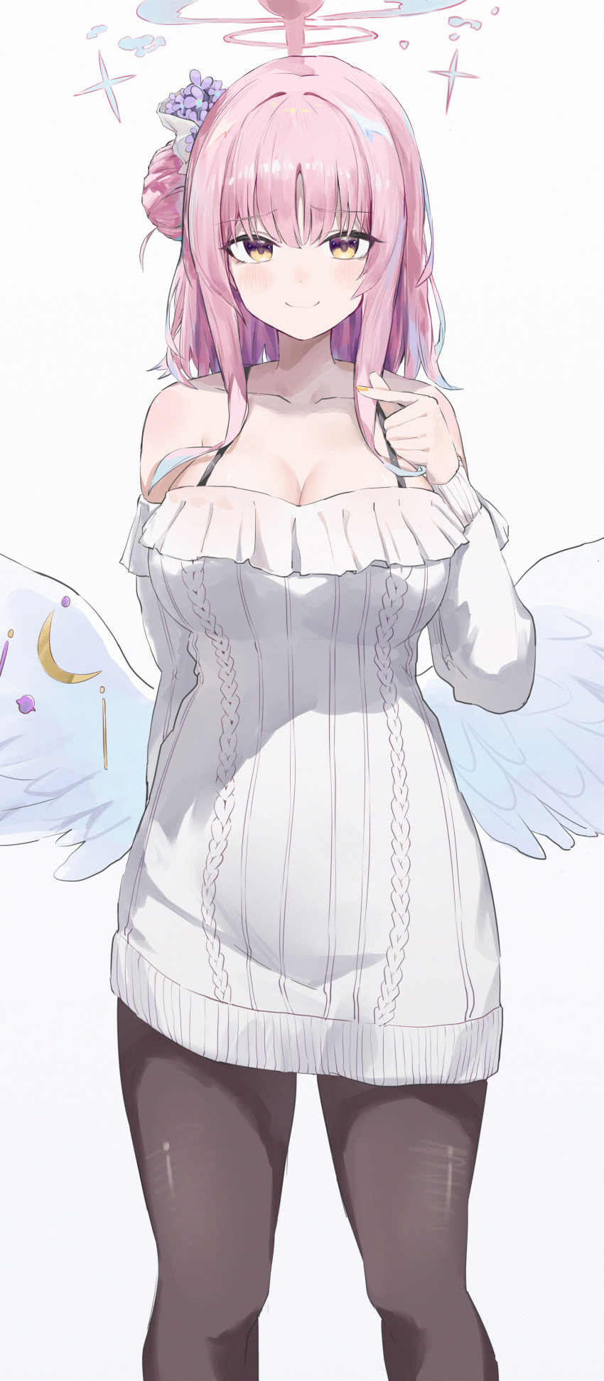 absurdres angel_wings black_scrunchie blue_archive breasts cleavage dress feathered_wings gun hair_bun halo highres jsscj lanchester_smg large_breasts long_sleeves low_wings mika_(blue_archive) pantyhose pink_hair pink_halo ribbed_dress ribbed_sweater scrunchie simple_background submachine_gun sweater sweater_dress weapon white_background white_wings wing_ornament wings wrist_scrunchie yellow_eyes