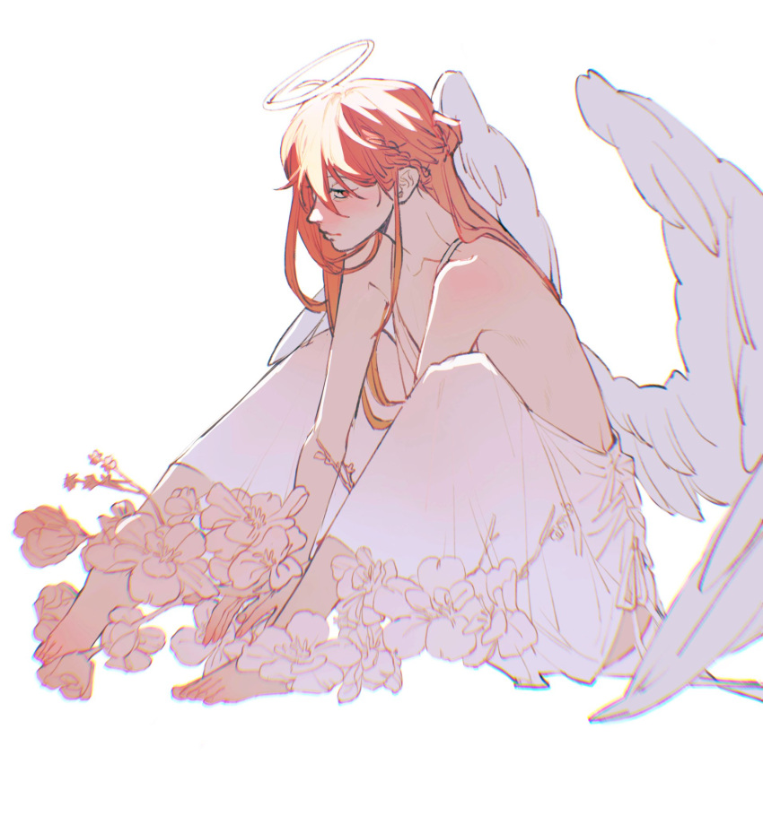 1boy androgynous angel angel_devil_(chainsaw_man) angel_wings chainsaw_man crossdressing dress facing_to_the_side feathered_wings floral_background flower halo highres looking_at_viewer male_focus penguin_jun red_eyes red_hair solo white_background white_dress white_flower white_wings wings