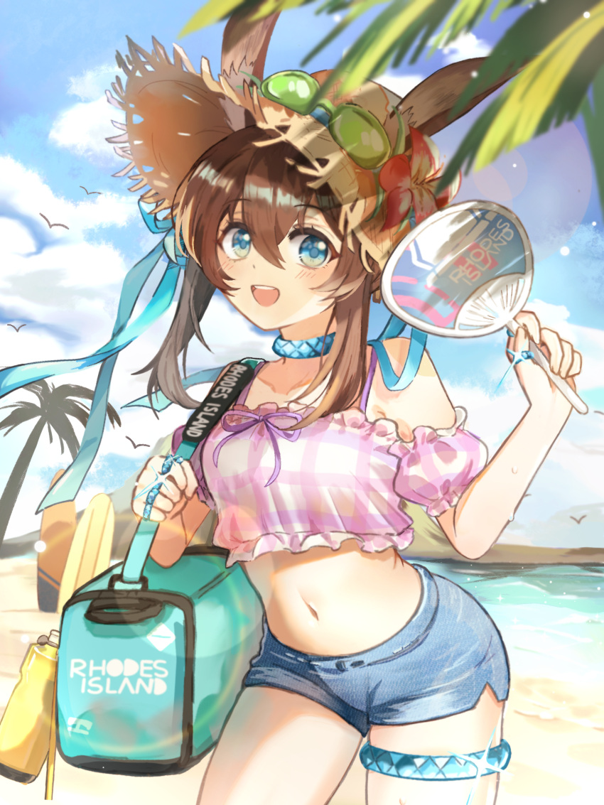 1girl :d amiya_(arknights) animal animal_ear_fluff arknights bag bare_shoulders bird blue_eyes blue_shorts blue_sky blush breasts brown_hair brown_headwear cloud cloudy_sky commentary_request day denim detached_sleeves ears_through_headwear flower frilled_shirt frills glint goggles goggles_on_headwear hair_between_eyes hand_fan hand_up hat hat_flower highres holding holding_fan jewelry looking_at_viewer medium_breasts navel nininini78074 outdoors palm_tree paper_fan plaid plaid_shirt plaid_sleeves puffy_short_sleeves puffy_sleeves rabbit_tail red_flower ring shirt short_shorts short_sleeves shorts sidelocks sky smile solo straw_hat tail teeth tree uchiwa upper_teeth_only white_shirt