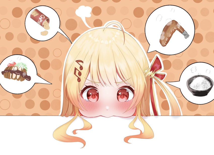 1girl ahoge blonde_hair blush bowl chicken_wing chips_(food) double-parted_bangs food fried_chicken hair_ornament hair_ribbon hamburger_steak head_on_table highres hololive hololive_dev_is musical_note musical_note_hair_ornament one_side_up orange_background otonose_kanade polka_dot polka_dot_background potato_chips puffy_cheeks red_eyes red_ribbon ribbon rice_bowl sidelocks spoken_food sulking tearing_up uzuraa v-shaped_eyebrows virtual_youtuber