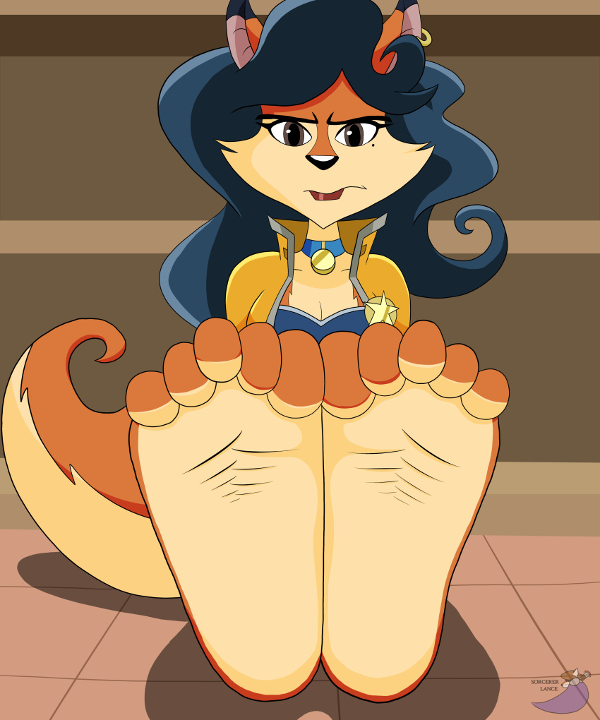 2017 5:6 5_toes absurd_res anthro barefoot biped blue_hair breasts canid canine carmelita_fox cleavage clothed clothing countershade_feet countershading ear_piercing feet feet_together female foot_focus fox fur hair hi_res humanoid_feet looking_at_viewer mammal piercing plantigrade sly_cooper_(series) soles solo sony_corporation sony_interactive_entertainment sorcererlance sucker_punch_productions toe_curl toe_scrunch toes