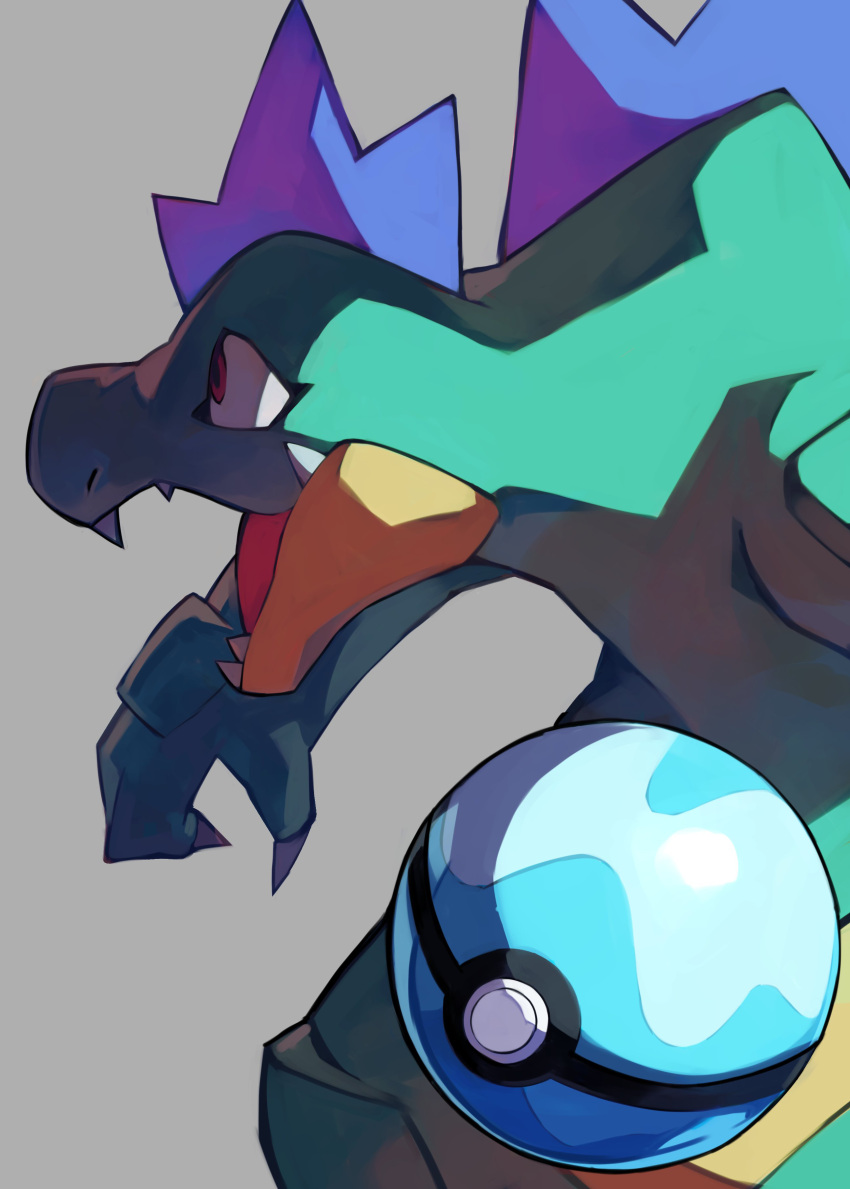 absurdres alternate_color claws commentary_request dive_ball fangs feraligatr gara_(qbeuxvii22) grey_background highres no_humans open_mouth pokemon pokemon_(creature) red_eyes shiny_pokemon solo tongue