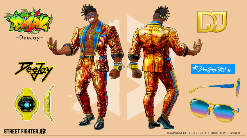 abs absurdres capcom character_name copyright_name dark-skinned_male dark_skin dee_jay highres jewelry multiple_rings necklace no_shirt official_alternate_costume official_art reference_sheet ring sequins smile street_fighter street_fighter_6 suit sunglasses watch wristwatch